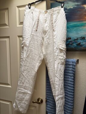 Caribbean White Men's Linen Cargo Pants with Drawstring Waist